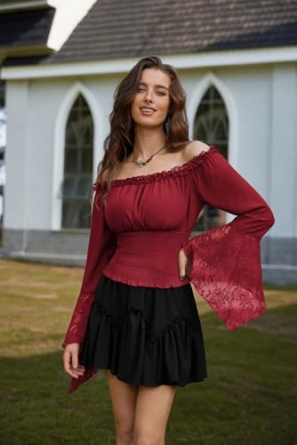 Scarlet Darkness Renaissance Shirt Women Bell Sleeve Off The Shoulder Pirate Blouse Peasant Dressy Top