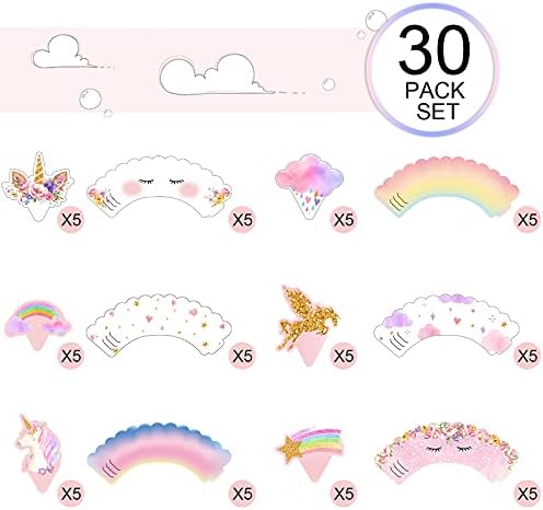 Censen 30 Pieces Unicorn Cupcake Toppers and Wrappers Decorations Unicorn Cup Cake Liners Rainbow Birthday Party Supplies Rainbow Topper Decorations for Girls Women Birthday Party