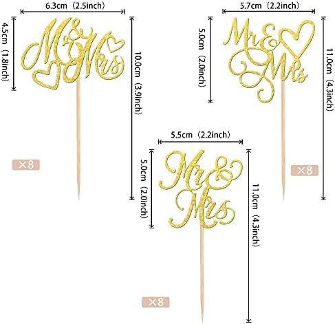 24 PCS Mr & Mrs Cupcake Toppers Glitter Love Heart Cupcake Picks Wedding Engagement Cake Decorations for Bridal Shower Theme Birthday Party Supplies Gold