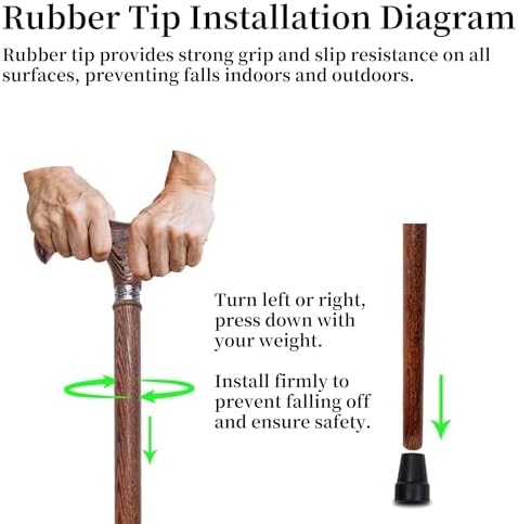 Wooden Walking Stick Cane for Men, Women, & Seniors Handmade Crutches for Adults Single Point Rubber Tip Pimp Canes for Balance & Stability, Ergonomic