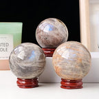 Blue Aura Moonstone Ball Polished Decorative Ball Divination Sphere with Wood Stand Crystals Sphere for, Feng Shui, Gifts,50-55mm
