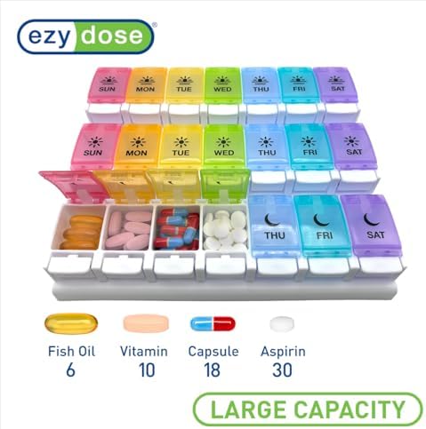 EZY DOSE Weekly (7-Day) Pill Case, Daily Medicine Planner, Vitamin Organizer Container, Large Push Button Compartments, Easy to Use, 3 Times a Day, Spring Open Design, Rainbow Lids, BPA Free