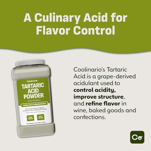 Coolinario Tartaric Acid Powder - 1 Gal (5.8 lbs) Food Grade Natural Acidulant for Wine, Baking & Candy | Enhances Flavor & Adjusts Acidity | Ideal for Cream of Tartar, Confections & pH Balancing