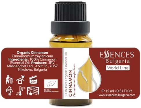Essences Bulgaria Organic Ceylon Cinnamon Essential Oil 0.51 Fl Oz 15ml Cinnamomum Zeylanicum - 100% Pure and Natural Undiluted Therapeutic Grade Aromatherapy for Diffusers Home Humidifier