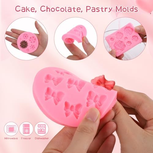 Pimoys 4 Pcs Flower&Bow Molds for Chocolate, Flower Chocolate Molds Silicone Cake Mold Bow Candy Mold Silicone for Wax Melts Birthday Cake Decoration Easter Gifts for Women