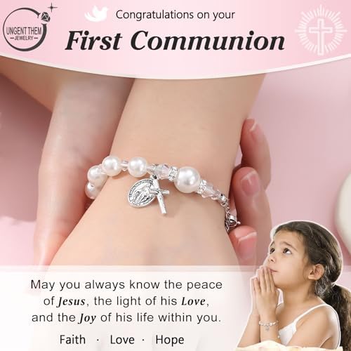 UNGENT THEM Rosary Cross Pearl Bracelet Baptism Communion Catholic Confirmation Easter Gifts for Girls Granddaughter Daughter Niece