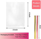 Morepack 3x4 Inches Clear Cellophane Bags 200 Pcs OPP Plastic Treat Bags with 200 Twist Ties for Gift Wrapping, Packaging Lollipop, Candies, Dessert, Cakepop, Cookies, Chocolate