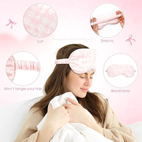 Honeydak 12 Pcs Silk Sleep Masks for Women Girls Pink Bow Party Favors Adjustable Eye Masks for Birthday Sleepover Spa Sweet 16 Party Gifts