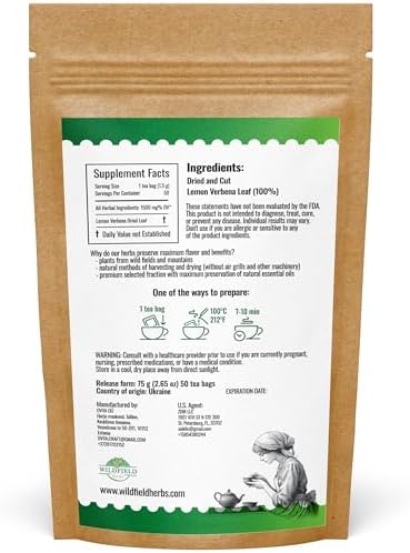 50 Bags Lemon Verbena Tea Dried Cut Leaves Herb Cedron (Aloysia Citrodora) - 50 Count 1.5g Lemon Beebrush Loose Leaf Herbal Tea Bags Te De Verbena De Limon