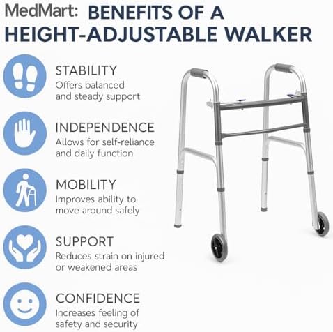 Folding Aluminum Front-Wheeled Rolling Walker Includes Two 5-Inch Wheels, Adjustable Height - Mobility Aid Includes Enhanced Support