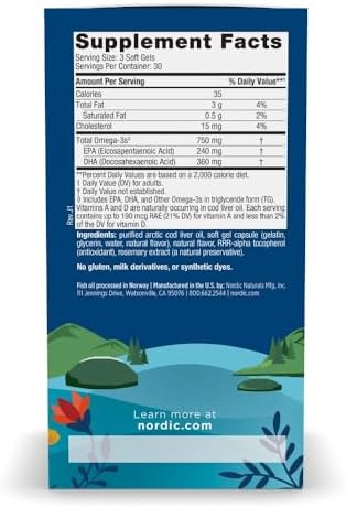 Nordic Naturals Arctic Cod Liver Oil, Lemon - 90 Soft Gels - 750 mg Total Omega-3s with EPA & DHA - Heart & Brain Health, Healthy Immunity, Overall Wellness - Non-GMO - 30 Servings