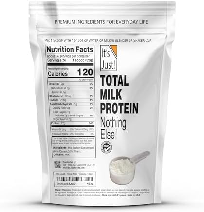 It's Just! - Total Milk Protein Concentrate Powder, GLP-1 Friendly, Naturally 80% Casein / 20% Whey, rBSH/RBST Hormone Free, No Added Sugar, MPC-85 (1 Pound, Unflavored)