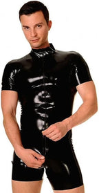 Male Sexy Black Rubber One-Pieces Mens Latex T-shirt Latex Shorts with Front Zip