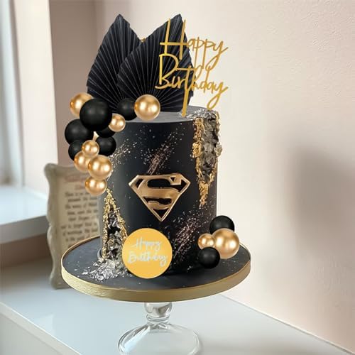 MEMOVAN 26pcs Man Cake Topper Black Boho Cake Topper Black Gold Balls Palm Leaves Black Gold Cake Decorations for Man Boy Bohemian Black Theme Wedding Baby Shower Birthday Party
