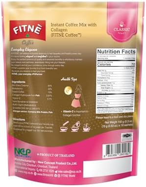 FITNE Instant 3 In 1 Coffee Packets Mix With Natural Hydrolyzed Collagen Vitamin C Smooth Blend Tasty Aromatic No Sugar Sucralose Sweetener, 10 Sachets