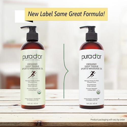 PURA D'OR 16 Oz Organic Deep Tissue Sports Massage - Jojoba, Sunflower, Almond, Grapefruit & Eucalyptus Oils - Alleviate Muscle Soreness