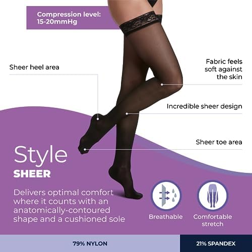 SIGVARIS Women's Sheer Fashion Thigh High Hose - 15-20mmHg Weight Compression - Sheer Non-Slip Hosiery for Comfortable Everyday Wear - Black - B (Medium)