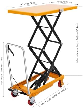 Double Scissor Hydraulic Lift Table Cart, 770lbs Capacity, 51" Lifting Height, Hydraulic Lift Table with 4 Wheels, Hydraulic Material Lift Pallet Truck for Factories, Warehouses, Supermarkets