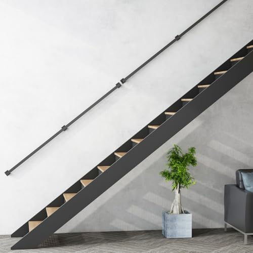 10FT Black Iron Railings for Indoor Stairs, Industrial Handrail Wall Mounted, 500lbs Load Capacity, Sturdy Stair Railing for Loft Porch Deck, 3 Sections