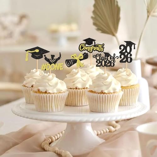 24pcs Glitter Black Golden 2026 Graduats Diploma Cupcake Toppers Class of 2026 Grad Cap DONE Cupcake Picks Cake Decorations for 2026 Graduation Theme Party Supplies
