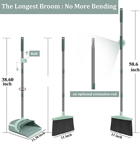 Broom and Dustpan Set for Home, Dust pan with Long Handle, Broom with Dustpan Combo Set, for Home Kitchen Room Office Lobby Floor Use Upright Stand Up Sweeping (Gray&Green)