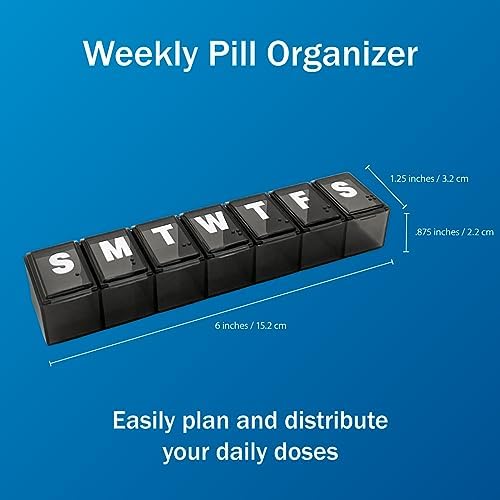 Amazon Basic Care Weekly (7-Day) Pill Organizer, Vitamin Planner, And Medicine Box, Medium Compartments, Black
