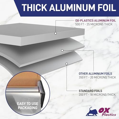 Ox Plastics Aluminum Foil Wrap | Heavy-Duty, Commercial Grade for Food Service Industry | Silver Foil for Cooking, Roasting, Baking, BBQ & Parties | 18"x 500 feet (4 Pack)