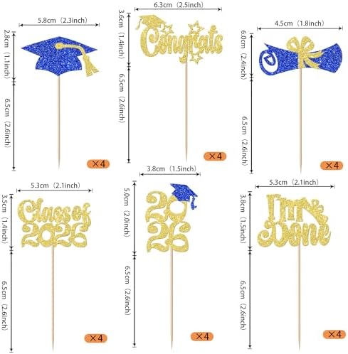 24 Pack Class Of 2026 Graduation Cupcake Toppers Glitter Congrats Grad Cap I Am Done 2026 Cupcake Picks Grad Cake Decorations for Graduation Theme Party Decorations Supplies Gold Blue