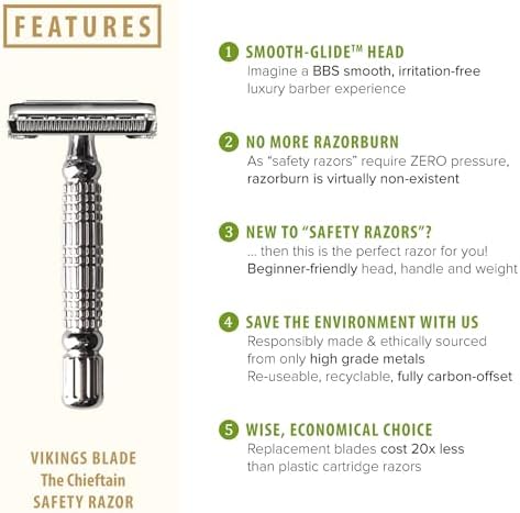 VIKINGS BLADE Double Edge Safety Razor for Men + 5 Swedish Steel Blades + Luxury Case. Smooth, Reusable, Eco-Friendly (The Chieftain)