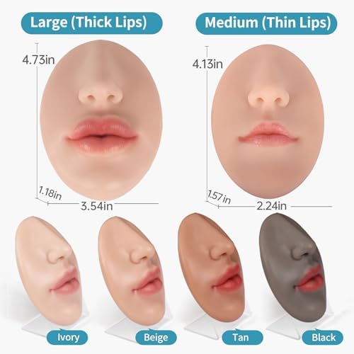 Silicone Nose Mouth Model Soft Flexible Piercing Practice Body Parts Silicone Lips Realistic Face Piercing Model Display (Beige, L-Thick Lip)