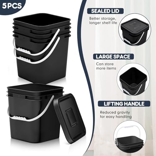 Mumufy 10 Pcs 3.5 Gallon Food Grade Bucket with Lid Plastic Pail with Handle and Lid Buckets for Storing Dry Food Charcoal Camping Fishing(Black,11.22 x 9.76 x 8.27 Inches,Square)