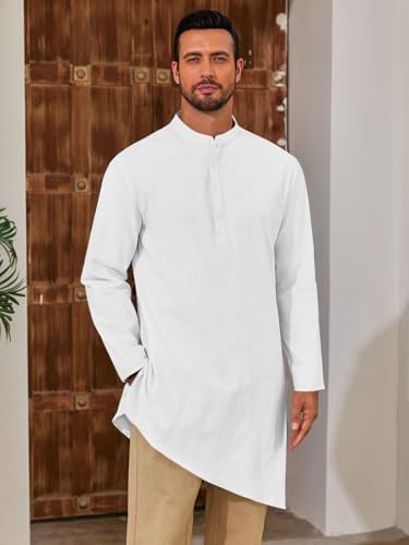 Runcati Mens Kaftan Robe Thobe Cotton Long Sleeve Henley Shirt Casual Muslim Gown Kurta Tops