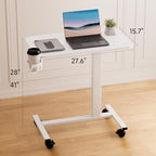 COMHOMA Adjustable Overbed Bedside Table with Lockable Wheels, Pneumatic Mobile Standing Laptop Desk, Small Standing Desk Portable Rolling Overbed Table Hospital Home Use(28" W x 16" D, White)