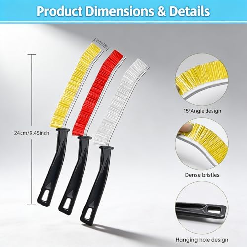 3 Pack Hard Bristle Crevice Cleaning Brush Set, Narrow Spaces Deep Reach Gap Scrub Tool with Long Handle for Household Use Kitchen Bathroom Sink Track, Mixing Colors