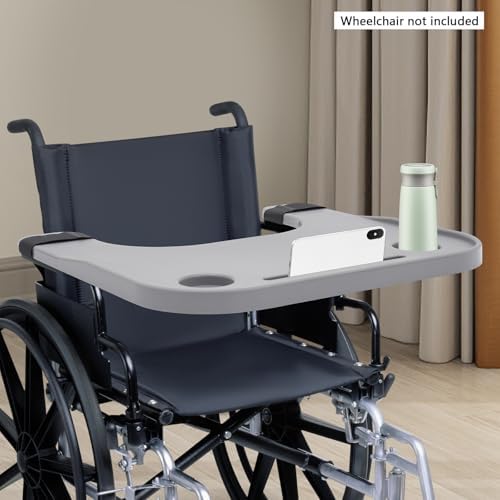 Wheelchair Tray with 2 Cup Holders & Phone Slot Wheelchair Table Attachment Easy On and Off, 23 * 12In Grey Wheel Chair Lap Trays for Adults Eating Reading Resting, with Secure Strap