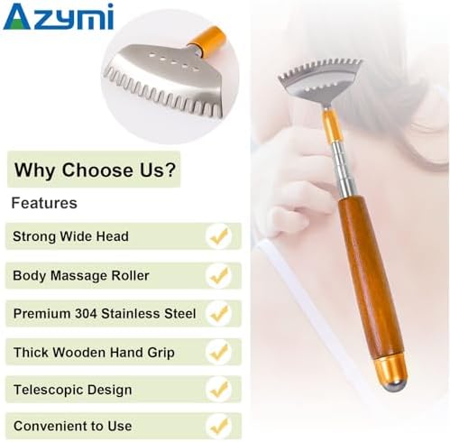 Back Scratcher, Metal Back Scratcher Telescopic Wooden Handle with Steel Roller Ball- Wide Claw, Portable Face Head Scalp Butt Scratcher Back Massager Tool