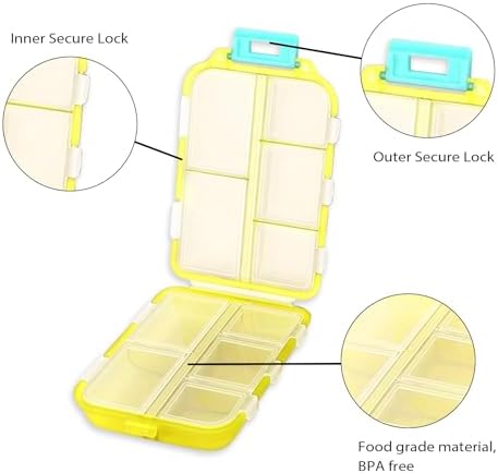 Travel Pill Organizer Portable Pocket Pill Case Small Pill Box for Purse Medicine Organizer Have 10 Compartments Storage Vitamin Fish Oil by INVODA (Yellow)