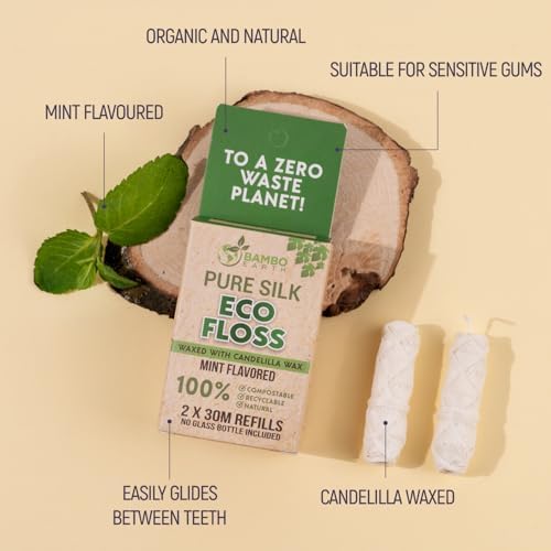 Biodegradable Mint Dental Tooth Lace Floss - 2X Refillable Flossers - 100% Organic Natural and Compostable Teeth Silk Spool - Waxed with Candelilla Wax & Eco-Friendly Zero Waste Packaging