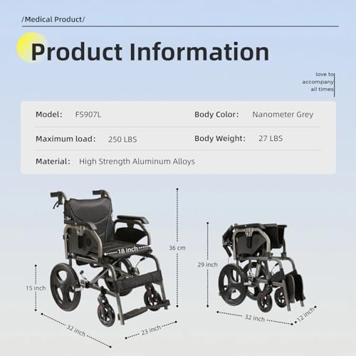 Foldable Lightweight Wheelchair for Adults - 27 lbs Portable Wheelchair with Double Hand Brakes, Reversible Adjustable Armrests & 15" Airless Tires - Nano Gray
