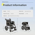 Foldable Lightweight Wheelchair for Adults - 27 lbs Portable Wheelchair with Double Hand Brakes, Reversible Adjustable Armrests & 15" Airless Tires - Nano Gray