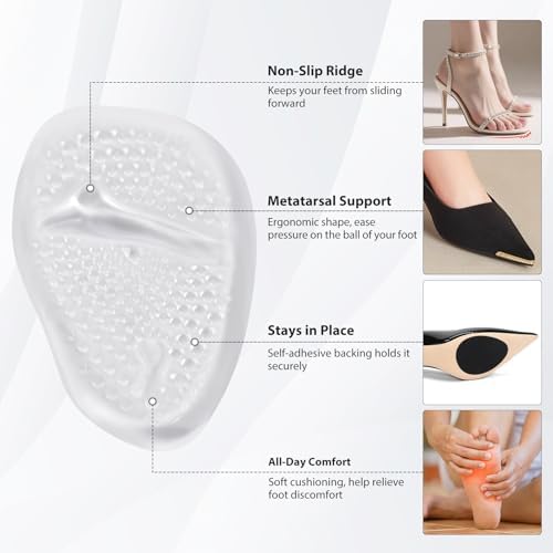 Metatarsal Pads and Shoe Grips for Heels - 2 Pairs Ball of Foot Cushions & 4 Pairs Anti Slip Shoe Grips, Gel Shoes Inserts and Rubber Non Slip Shoes Gummies for Heel