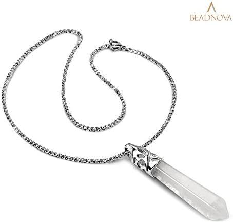 BEADNOVA Healing Crystal Necklace for Women Men White Quartz Pendant Energy Healing Gemstones Jewelry Pendulum Crystal Divination (Hexagonal, 18 Inches Stainless Steel Chain)