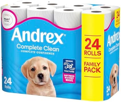 Andrex Classic Clean Toilet Rolls - 24 Toilet Roll Pack - Bulk Buy Toilet Roll - Unbeatable Clean with Unique 3D Wave Toilet Paper, White, 04970613