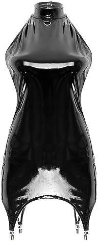 YiZYiF Woman Wet Look PVC Leather Bodycon Mini Dress Latex Zipper Club Party Dress with Garter Belt