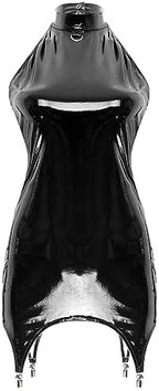 YiZYiF Woman Wet Look PVC Leather Bodycon Mini Dress Latex Zipper Club Party Dress with Garter Belt