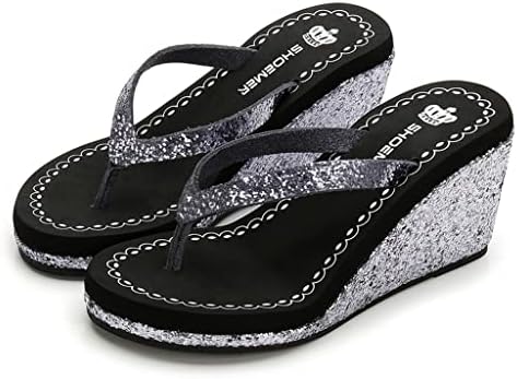 MIOKE Women's Wedge High Heel Flipflops Sandals Glitter Sequin Platform Comfy Nonslip Summer Thong Sandal