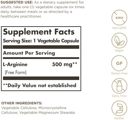 Solgar L-Arginine 500 mg - 100 Vegetable Capsules - Nitric Oxide Stimulator - Non-GMO, Vegan, Gluten Free, Dairy Free, Kosher - 100 Servings