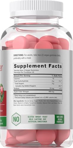 Horbäach Vegan Apple Cider Vinegar Gummies | 90 Count | ACV Supplement | Apple Flavor | Non-GMO, Gluten Free Gummies for Adults