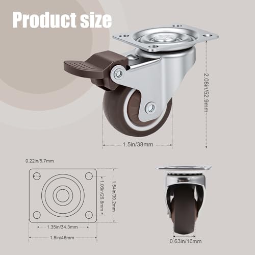 Nefish 1.5 Inch Caster Wheels Rubber Castor with Brake 360 Degree Rotation Top Plate Swivel Casters for Furniture, Table and Toolbox, 300 Pounds Capacity for Set of 4 (Free Screws and Screwdriver)