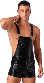 Men's Shiny Leather Metallic Shorts Dungarees Suspender Hot Pants Spandex Leotard Bodysuit